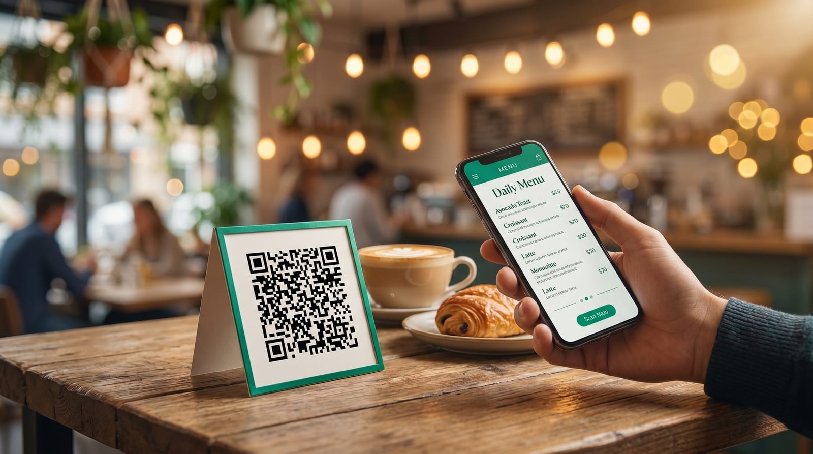 QR table tent in a café; a guest scans it and sees the digital daily menu